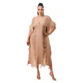 Detailed look at the handmade knit fringe long dress with V-neck and mesh design. - Apricot