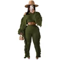 Two-piece olive green knit set with long sleeves and fringe tassels on legs and arms - Army Green