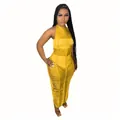 Elegant yellow knitted beach maxi dress featuring sexy halter neck and fringe details - Yellow
