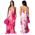 Loose pink and white tie-dye cotton maxi dress with spaghetti straps for summer. - Pink Gradient