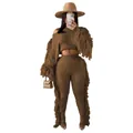 Close-up of brown knitted two-piece set featuring long sleeves with stylish fringe details - Coffee