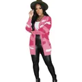 Close-up detail of women's casual pink and white camouflage knit cardigan sweater - S / Tops / Pink Camouflage