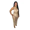 Sexy tan hollow-out knit beach dress with sheer fringe texture - Light Khaki