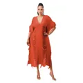 Detailed view of handmade knitted orange fringe long dress featuring a sexy V-neckline - Orange
