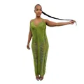 Elegante abito lungo in maglia verde senza maniche con scollo a V e dettagli sfrangiati - Verde mela