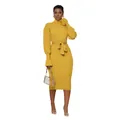 Close-up of yellow turtleneck knitted midi dress with tie waist and ribbed texture - S / Top And Bottom / Yellow