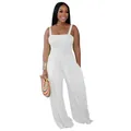 Detailed view of women's white casual smocked bodice wide leg jumpsuit with straps - S / Top And Bottom / White