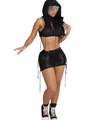 Close-up of black sleeveless 3-piece mesh beach set including a hooded top and skirt. - S / Top And Bottom / Black