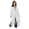 Full view of a women's long white knit cardigan featuring fringe hem and a tie waist - White