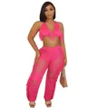 Set bikini rosa con frange e pantaloni da spiaggia coordinati in maglia traforata da donna - Taglia S / Top E Pantaloni / Rosso rosa