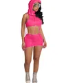 Detail view of pink two-piece sleeveless hooded crop top and mini skirt set on model - S / Top And Bottom / Rose Red
