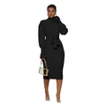 Elegant black high-neck ribbed knit midi dress with a waist belt for women in black. - S / Top And Bottom / Black