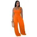 Orange smocked wide-leg jumpsuit for women with thin straps and a casual fit - S / Top And Bottom / Orange