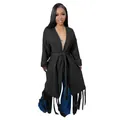 Detailed view of women black long knit cardigan sweater featuring fringe tassel hem - S / Tops / Black