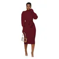 Elegant wine red turtleneck ribbed knit midi dress with a stylish waist tie detail. - S / Top And Bottom / Burgundy