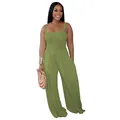 Full body shot of olive green jumpsuit showing smocked texture and wide-leg cut. - Army Green