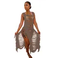 Ärmelloses gestricktes Strandkleid mit Hohlsaum und stilvollen langen Fransenquasten - Dunkelbraun