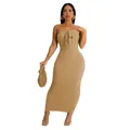 Sexy slim-fit strapless dress in textured beige bubble fabric for elegant women - Apricot