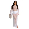 Full-length white handmade crochet maxi beach dress with tassel hem and long sleeves - S / Tops / White