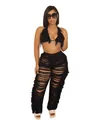 Gros plan sur ensemble de bikini à franges noir et pantalon de plage tricoté. - Noir