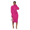 Elegant fuchsia turtleneck ribbed knit dress featuring a waist belt and lantern sleeves - S / Top And Bottom / Rose Red