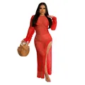 Sexy red hand-knitted crochet beach maxi dress with fringe tassels and high leg slit - S / Tops / Red