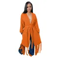 Full view of women's vibrant orange long knitted cardigan sweater featuring fringe tassels - S / Tops / Orange