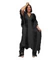 Full view of handmade knitted hollow-out fringe outfit worn by model on white background - 2XL / Top And Bottom / Black