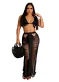 Vista dettagliata del set da spiaggia sexy a due pezzi con nappe nere per donne - Taglia S / Top E Pantaloni / Nero