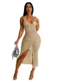Detail of sexy gold knit jacquard halter sleeveless maxi dress with thigh-high slit - S / Top (TS1264) / Apricot