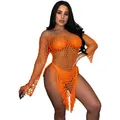 Sexy hand-knitted orange large mesh beach dress with stylish fringe details for women - S / Tops / Orange