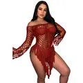 Detail of the sexy red crochet fishnet beach dress featuring long sleeves and fringe tassels - Burgundy