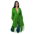 Detailed view of women's long green knit cardigan with stylish fringe tassel hem - S / Tops / Green