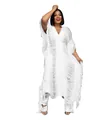 Detailed view of white hand-knit bohemian fringe kaftan featuring hollow tassel design - White