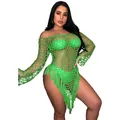 Detail of sexy handmade lime green mesh beach dress with long fringe trim - S / Tops / Green