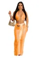 Elegante set arancione due pezzi con top a cavezza a frange e gonna lunga coordinata - Taglia S / Top E Pantaloni / Arancione