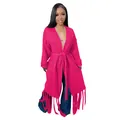 Vibrant hot pink long knitted cardigan featuring bottom fringe details and a matching waist belt - S / Tops / Rose Red