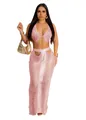 Vista dettagliata di un set rosa a due pezzi con frange, top a capestro e gonna maxi con tagli - Taglia S / Top E Pantaloni / Rosa