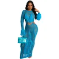 Detailed view of women's blue knitted hollow beach dress featuring stylish fringe accents - S / Dresses / Blue