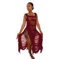 Detailed macro view of burgundy knit cut-out beach dress with stylish tassel fringe - S / Red