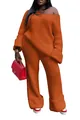 Detail of orange ribbed knit two-piece lounge set with oversized top and wide-leg pants - Tan
