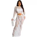 Full-length white crochet hollow-out beach dress featuring tassels and waist cutout - White