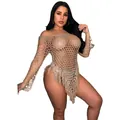Sexy off-shoulder hand-knitted crochet mesh beach dress with tassels and sleeves - Khaki
