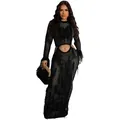 Close-up detail of black crochet long sleeve maxi dress featuring tassels and waist cut-out - S / Dresses / Black