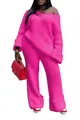 Detailed view of women's bright pink two-piece knit set with off-shoulder sweater - S / Top And Bottom / Rose Red