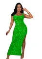 Detailed view of a sexy lime green crochet maxi dress with sequins for beachwear. - S / Top And Bottom / Green