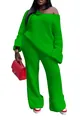 Detail of women's bright green oversized knit sweater and wide-leg pants set - S / Top And Bottom / Green