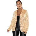 Vue détaillée d'un élégant blazer à paillettes dorées pour femme avec revers sophistiqué - S / Hauts / Or