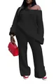 Macro detail of women's casual black ribbed knit two-piece set featuring wide-leg pants - S / Top And Bottom / Black