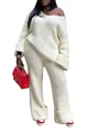 Detailed view of women's white ribbed knit lounge set with oversized sweater and pants - S / Top And Bottom / White